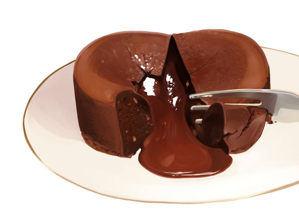brownie_(food), chocolate, chocolate_syrup, commentary_request, dessert, food, food_focus, fork, izumi_keika, no_humans, original, plate, realistic, simple_background, white_background