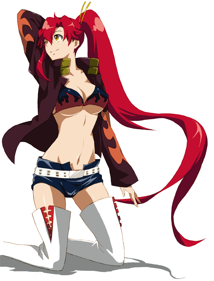 bikini_top, boots, breasts, cleavage, fetithism, jacket, kneeling, large_breasts, legs, long_hair, navel, ponytail, red_hair, redhead, shorts, smile, studded_belt, tengen_toppa_gurren_lagann, thigh_boots, thighhighs, thighs, underboob, very_long_hair, yellow_eyes, yoko_littner