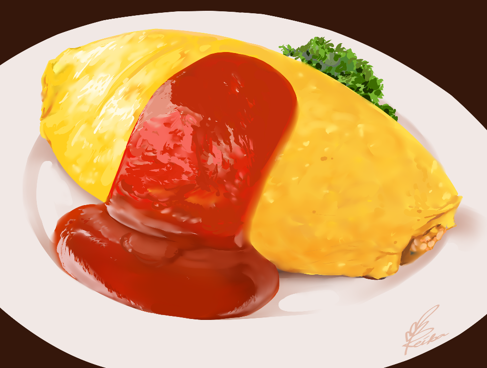 brown_background, food, food_focus, izumi_keika, ketchup, no_humans, omelet, omurice