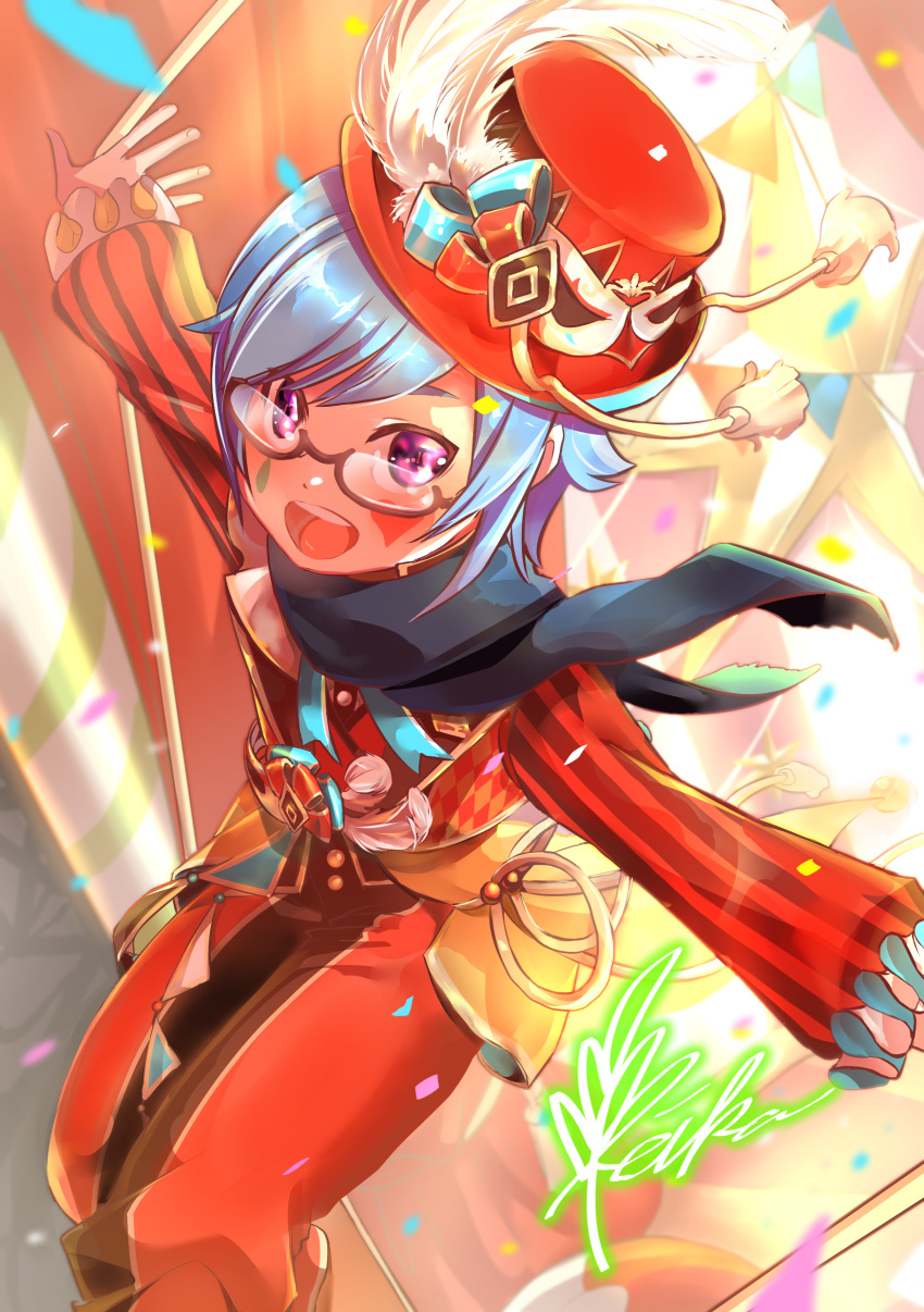 1boy, absurdres, blue_hair, confetti, facial_mark, fingernails, hat, hat_feather