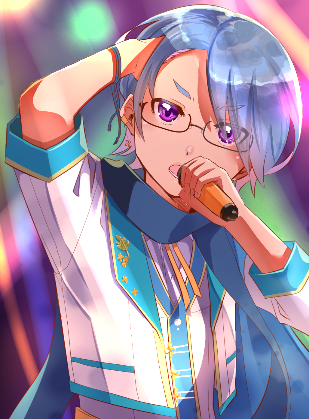 1boy, blue_hair, blurry, blurry_background, glasses, highres, holding, holding_microphone