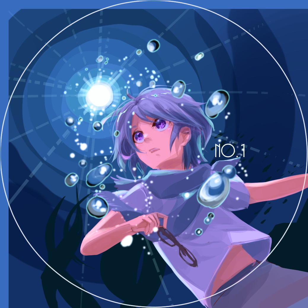 1boy, air_bubble, blue_background, bubble, grey_hair, grey_pants, grey_shirt, holding