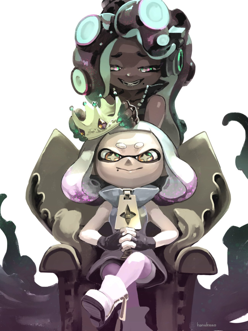 2girls, ankle_boots, bare_shoulders, black_gloves, black_shirt, blonde_hair, boots, bright_pupils, brown_hair, cephalopod_eyes, closed_mouth, commentary_request, crop_top, crossed_legs, crown, dark-skinned_female, dark_skin, dress, fang, fingerless_gloves, foot_out_of_frame, furrowed_brow, gloves, gradient_hair, green_eyes, green_hair, half-closed_eyes, hanako515_ika, headphones, highres, holding, holding_crown, horizontal_pupils, inkling, interlocked_fingers, long_hair, looking_at_another, looking_at_viewer, marina_(splatoon), medium_hair, mole, mole_under_mouth, multicolored_hair, multiple_girls, octoling, open_mouth, orange_eyes, own_hands_together, pantyhose, parted_bangs, pearl_(splatoon), pink_hair, pink_pantyhose, pink_pupils, shirt, short_eyebrows, sitting, sitting_on_throne, sleeveless, sleeveless_dress, smile, splatoon_(series), splatoon_2, star-shaped_pupils, star_(symbol), suction_cups, symbol-shaped_pupils, tentacle_hair, thick_eyebrows, throne, two-tone_hair, very_dark_skin, very_long_hair, white_background, white_dress, white_footwear, white_pupils, zipper_dress, zipper_pull_tab