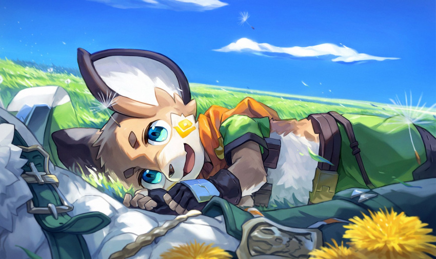 2boys, abs, animal_ears, black_gloves, blue_eyes, blue_sky, cape, clouds, crop_top, dandelion, dandelion_seed, fang, fingerless_gloves, flower, furry, furry_male, gloves, grass, green_pants, green_shirt, hashtag-only_commentary, highres, looking_at_viewer, lying, male_focus, mouse_boy, mouse_ears, multiple_boys, muscular, muscular_male, nimbus_(world_flipper), on_grass, on_side, open_mouth, orange_cape, pants, shirt, skin_fang, sky, smile, sven_(world_flipper), tiger_boy, waahurikya, world_flipper