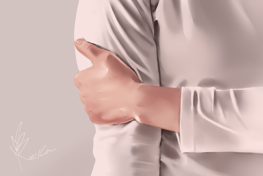 1boy, arm_at_side, fingernails, grabbing_own_arm, grey_background, head_out_of_frame, izumi_keika, long_sleeves