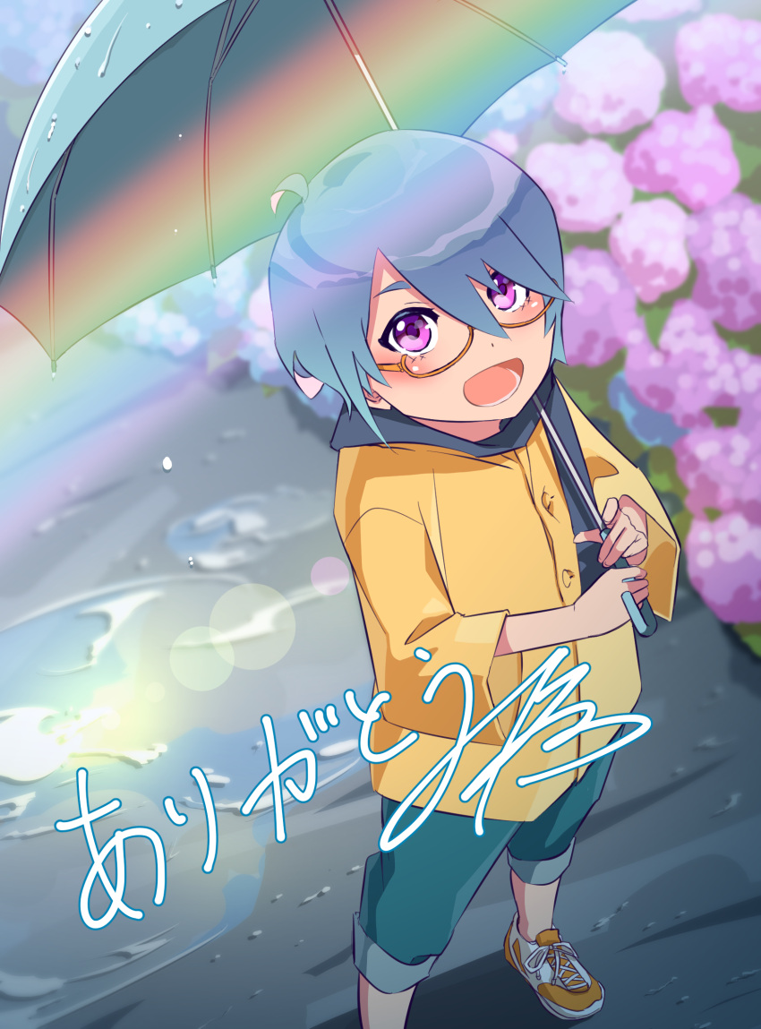 1boy, ahoge, blue_hair, blue_pants, blush, coat, flower, highres