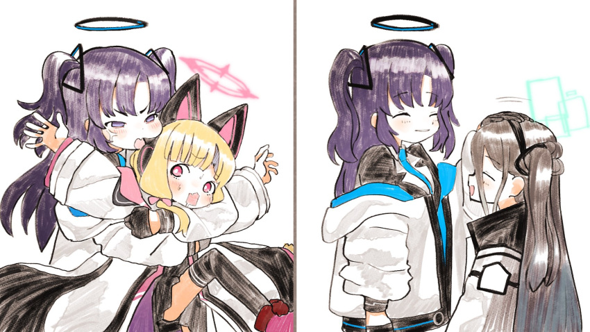 animal_ear_headphones, animal_ears, aris_(blue_archive), arms_up, biting, biting_another, blonde_hair, blue_archive