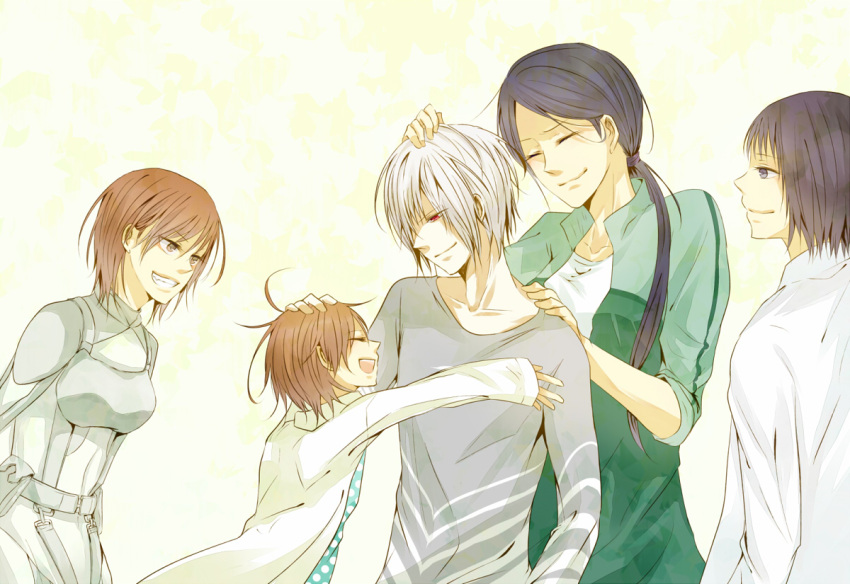 accelerator_family, ahoge, bberry, blue_hair, bodysuit, brown_eyes, brown_hair, closed_eyes