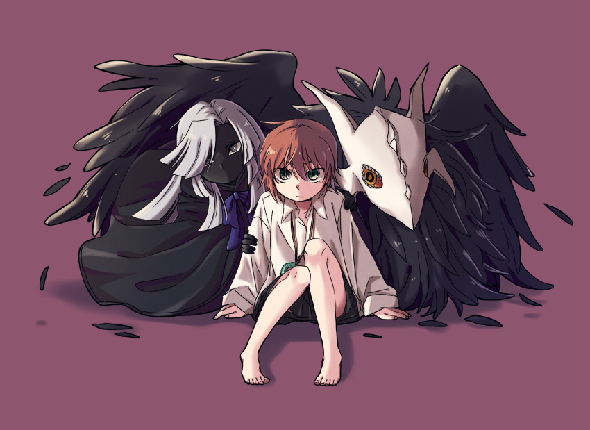 1boy, 1girl, :|, absurdres, barefoot, black_skin, black_skirt, blue_bow