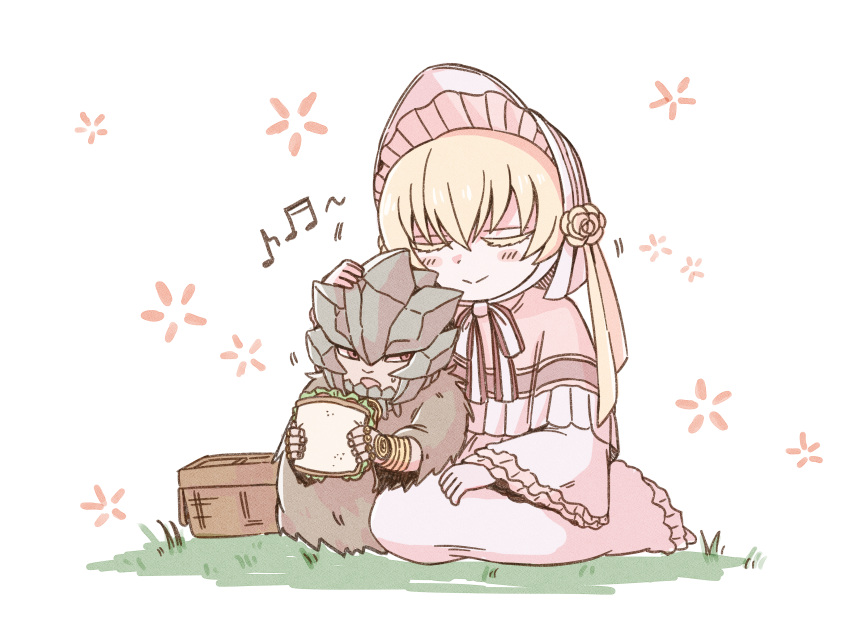 1boy, 1girl, absurdres, blush, blush_stickers, bonnet, closed_eyes, closed_mouth, delfuze, dress, facing_viewer, food, headpat, helmet, highres, holding, holding_food, mahou_tsukai_no_yome, pink_dress, sandwich, seiza, silkie, sitting, smile, spriggan_(mahou_tsukai_no_yome), sweatdrop