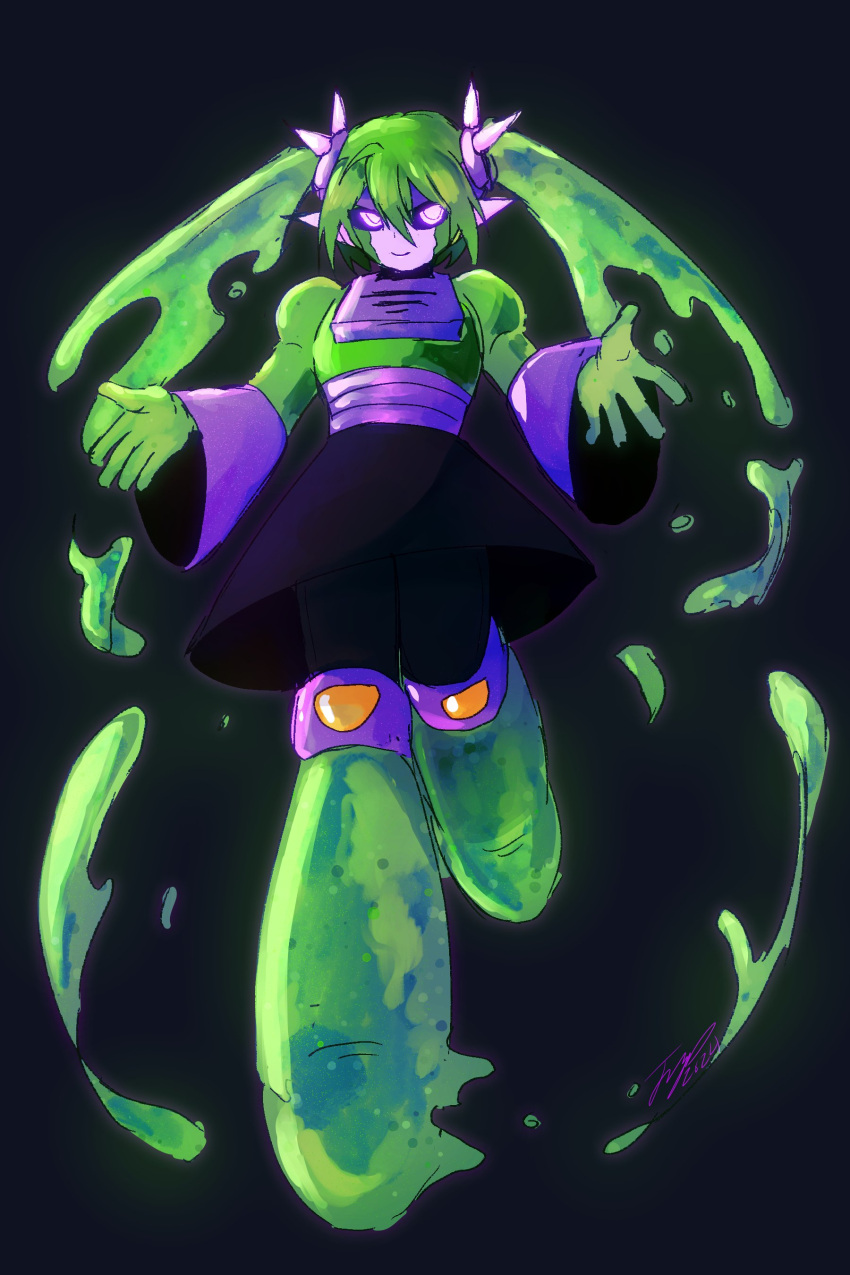 1girl, absurdres, armor, black_background, black_pantyhose, black_sclera, black_skirt, boots, chest_armor, colored_sclera, commentary, detached_sleeves, english_commentary, facial_mark, full_body, fusion, glowing, glowing_eyes, gomiisan, green_footwear, green_hair, hair_between_eyes, hair_ornament, hatsune_miku, highres, humanoid_robot, knee_boots, light_smile, long_hair, long_hair_between_eyes, looking_at_viewer, mega_man_(classic), mega_man_(series), mega_man_v, mercury_(mega_man), open_hands, pantyhose, purple_armor, purple_sash, purple_sleeves, robot, robot_ears, sash, signature, simple_background, skirt, slime_(substance), solo, standing, twintails, violet_eyes, vocaloid, wide_sleeves