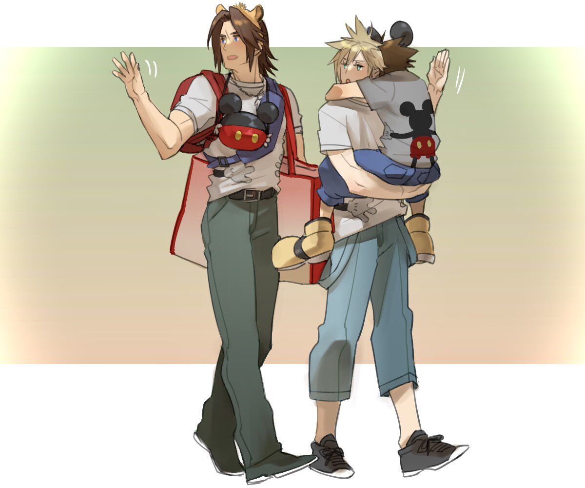 3boys, age_difference, alternate_costume, animal_ear_headband, animal_ears, arms_around_neck, backpack, bag
