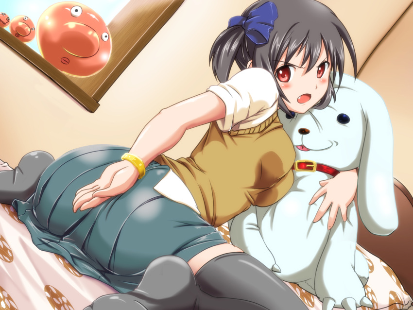 anonimasu, black_hair, black_thighhighs, blush, bracelet, fang, feet, highres