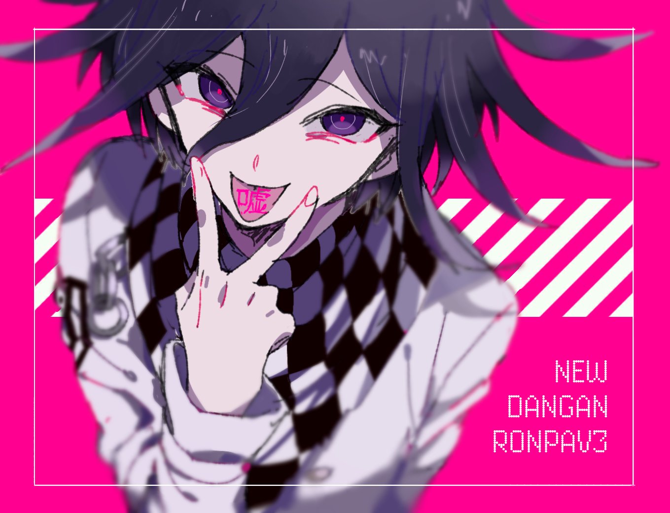 1boy, bad_id, bad_twitter_id, checkered_clothes, checkered_scarf, copyright_name, danganronpa_(series), danganronpa_v3:_killing_harmony