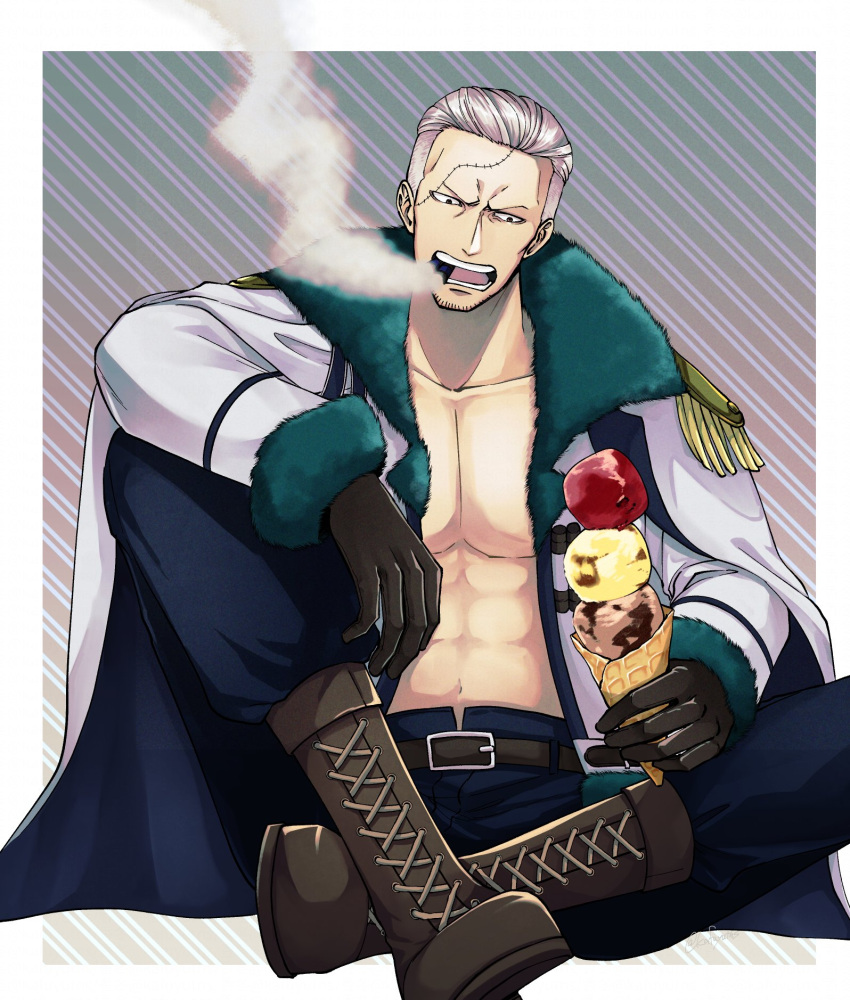 1boy, abs, bare_pectorals, beard_stubble, blue_pants, boots, brown_footwear, cigar