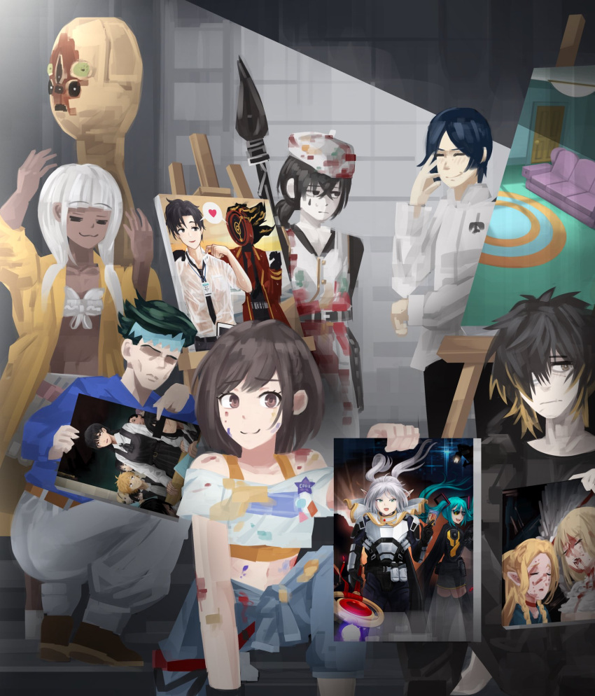 bare_shoulders, belt, beret, black_hair, black_shirt, blue_hair, blue_shirt, blunt_bangs