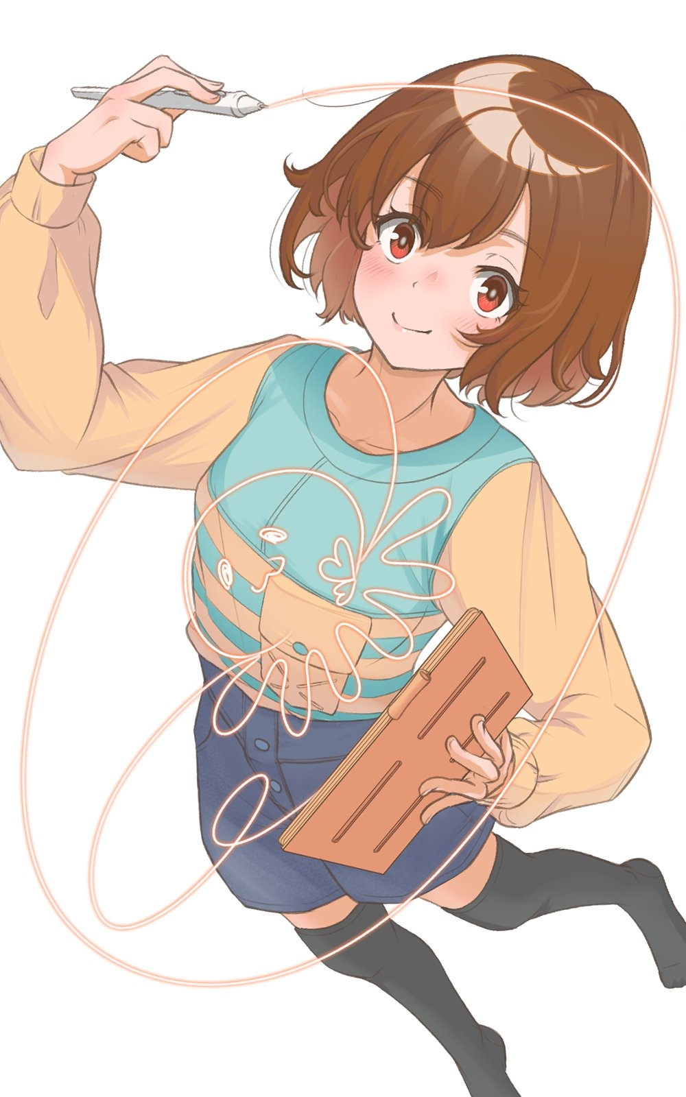 1girl, akatsuki_(akatsukinotsuki), black_thighhighs, blue_shirt, blue_shorts, blush, brown_hair, closed_mouth