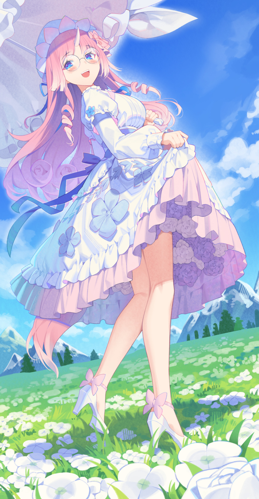 1girl, absurdres, blue_bonnet, blue_bow, blue_eyes, blue_flower, blue_sky, blush, bonnet, bow, clothes_grab, clouds, curly_hair, day, dress, dress_bow, drill_hair, flower, flower_ornament, frilled_dress, frills, glasses, grass, happy, high_heels, highres, holding, holding_umbrella, hop3, horns, layered_dress, long_hair, long_sleeves, mountain, mountainous_horizon, open_mouth, original, outdoors, parted_bangs, pink_hair, rose, round_eyewear, shadow, sidelocks, single_horn, sky, solo, standing, teeth, tongue, tree, umbrella, unicorn_horn, upper_teeth_only, white_flower, white_horns, white_rose, white_umbrella