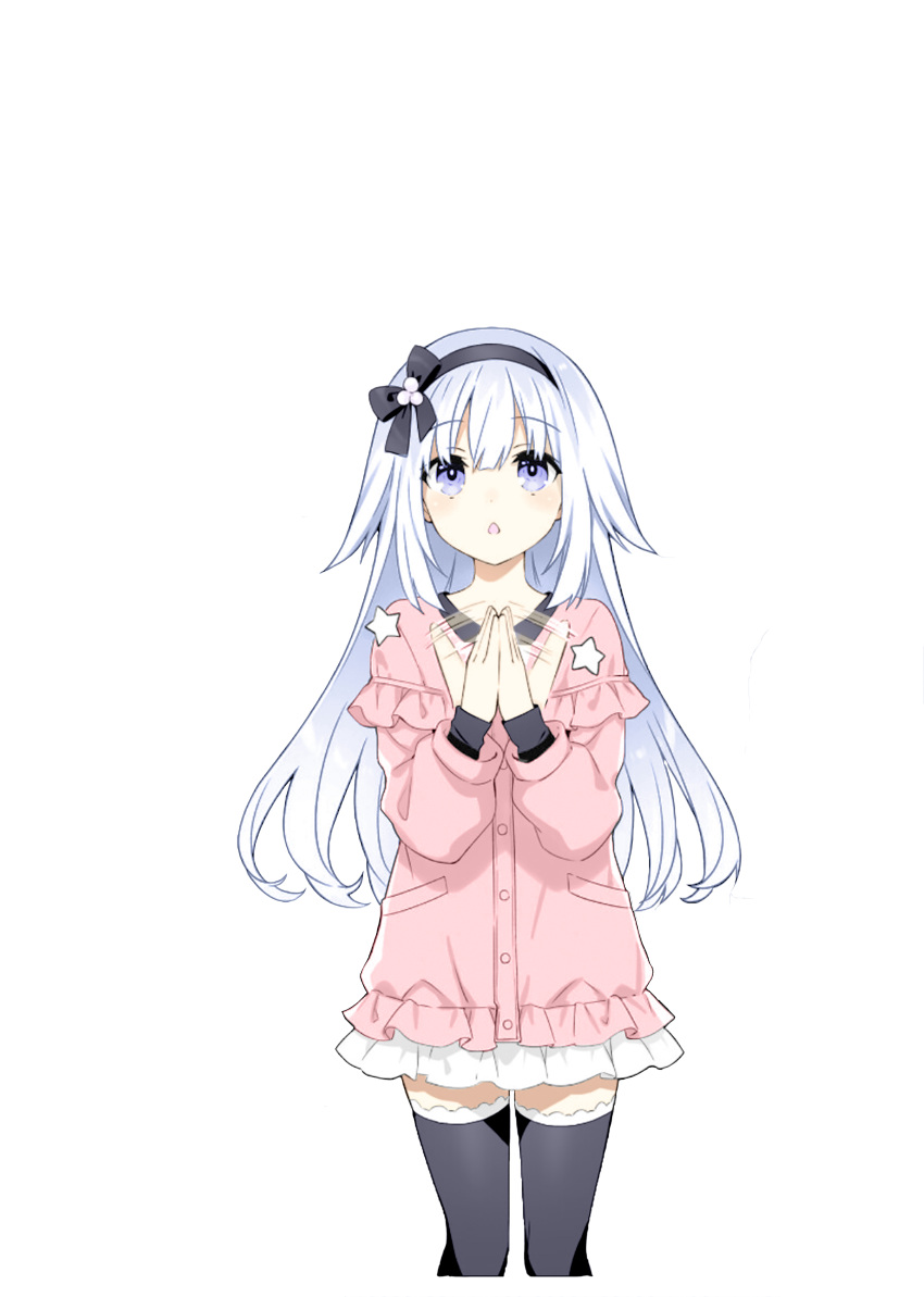 1girl, :o, absurdres, arusu_maria, black_undershirt, clapping, colorized, date_a_live, date_a_live:_arusu_install, dress, frilled_thighhighs, frills, hairband, highres, kurumi_(user_fayr3752), long_hair, long_sleeves, pink_dress, pocket, solo, star_(symbol), thigh-highs, tsunako, violet_eyes, white_hair