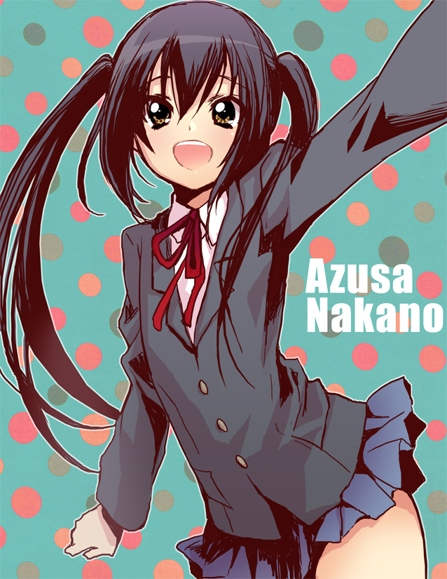 brown_eyes, k-on!, long_hair, nakano_azusa, natsuhachi, school_uniform, twintails, waving
