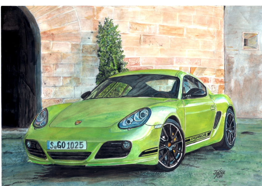 absurdres, brick_wall, car, green_car, highres, license_plate, motor_vehicle, no_humans, original, outdoors, porsche, porsche_cayman, shadow, sports_car, takutakubouya, traditional_media, tree
