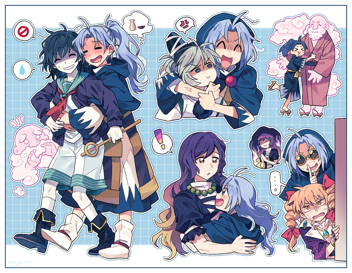 !, ..., 1boy, 5girls, ^_^, anger_vein, black_footwear, black_hair, blue_hair, brown_footwear, brown_hair, closed_eyes, commentary_request, dress, drill_hair, earrings, fang, geta, green_sailor_collar, grey_hair, hijiri_byakuren, hishaku, hood, hug, japanese_clothes, jewelry, kimono, kumoi_ichirin, long_hair, mononobe_no_futo, multiple_girls, multiple_views, murasa_minamitsu, neckerchief, open_mouth, pendant, ponytail, purple_hair, re_ghotion, red_neckerchief, sailor_collar, shorts, speech_bubble, spoken_anger_vein, spoken_ellipsis, spoken_exclamation_mark, spoken_no_symbol, spoken_sweatdrop, sunglasses, sweatdrop, thought_bubble, tokkuri, touhou, twin_drills, unzan, white_dress, white_footwear, white_shorts, yorigami_jo'on