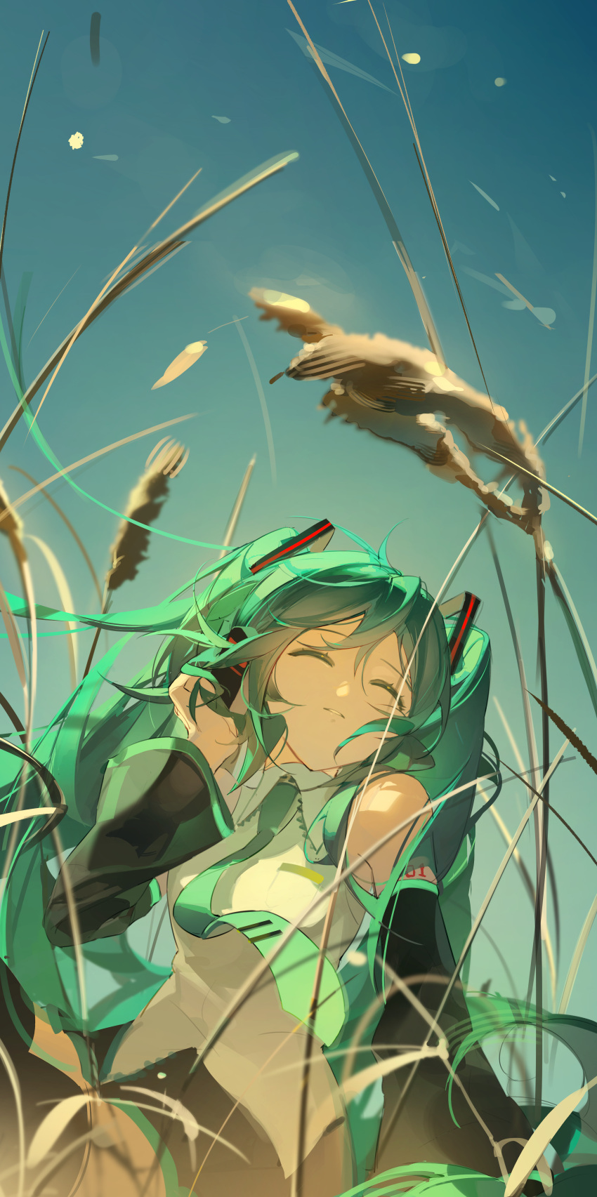 1girl, absurdres, aqua_hair, aqua_trim, bare_shoulders, black_skirt, black_sleeves, blue_necktie