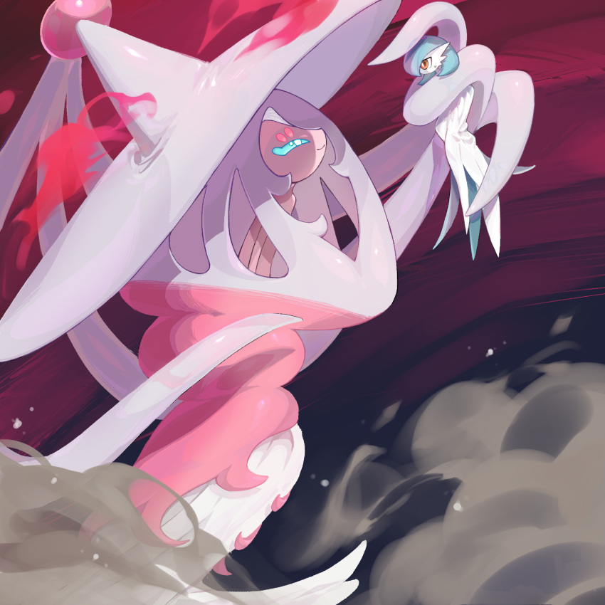 2girls, absurdly_long_hair, alternate_color, blue_hair, blue_sclera, bob_cut, carrying, carrying_person, closed_mouth, colored_sclera, colored_skin, commentary, dust, eye_contact, flat_chest, from_side, gardevoir, giant, giantess, gigantamax, gigantamax_hatterene, grey_hair, grey_hat, hair_over_one_eye, half-closed_eyes, happy, hat, hatterene, highres, long_hair, looking_at_another, multicolored_hair, multiple_girls, one_eye_covered, orange_eyes, pink_hair, pink_skin, pokemon, pokemon_(creature), prehensile_hair, profile, red_background, shiny_pokemon, short_hair, size_difference, smile, smoke, sok_(mr14_c), sweat, two-tone_hair, very_long_hair, white_eyes, white_skin, witch_hat