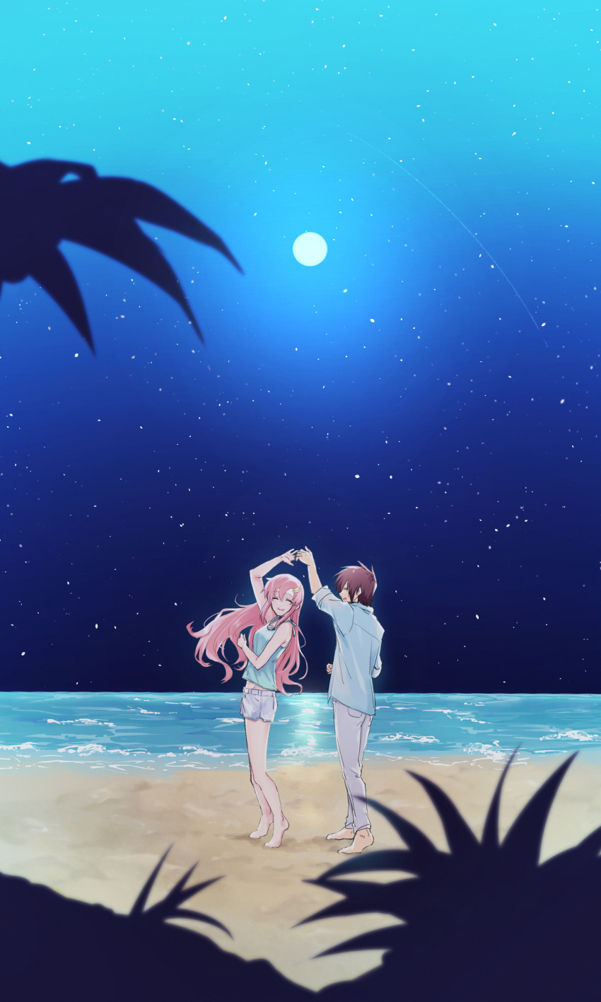 1boy, 1girl, absurdres, barefoot, beach, brown_hair, closed_eyes, closed_mouth