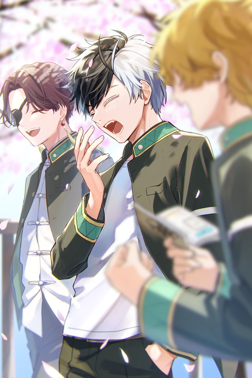 3boys, absurdres, book, cherry_blossoms, clenched_hand, closed_eyes, earrings, eyepatch