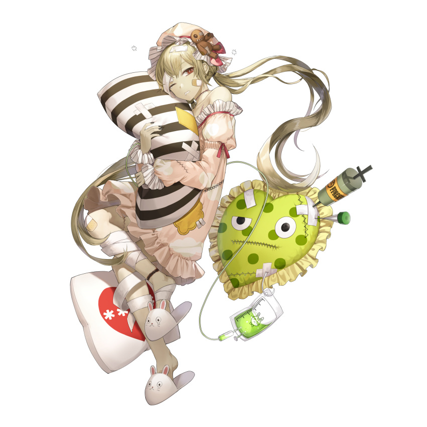 1girl, ambiguous_green_liquid, animal_ears, animal_print, animal_slippers, artist_request, asterisk_(symbol), asterisk_print, bandage_on_hair, bandage_over_one_eye, bandages, bandaid, bandaid_on_knee, bandaid_on_leg, black_nails, button_eyes, buttons, cloud_print, collarbone, cross-laced_pajamas, doll_hair_ornament, drooling, final_gear, fingernails, foot_wraps, frilled_pillow, frills, full_body, gathers, hat, hat_ribbon, head_wrap, heart, heart-shaped_pillow, heart_print, highres, holding, holding_pillow, intravenous_drip, leg_wrap, liquid, long_hair, long_sleeves, low-tied_long_hair, mob_cap, mouth_drool, off_shoulder_pajamas, official_art, one_eye_closed, pajamas, patchwork_clothes, pillow, pink_hat, pink_pajamas, pink_sleeves, polka_dot, polka_dot_pillow, puffy_sleeves, rabbit_ears, rabbit_footwear, rabbit_nose, rabbit_print, red_eyes, red_ribbon, ribbon, shmily_(final_gear), simple_background, single_tear, sleeve_ribbon, slippers, solo, stitched_chest, stitched_eye, stitched_leg, stitched_neck, stitched_pajamas, stitched_pillow, stitches, striped_pillow, syringe, tachi-e, third-party_source, transparent_background, twintails, very_long_hair, whiskers_print