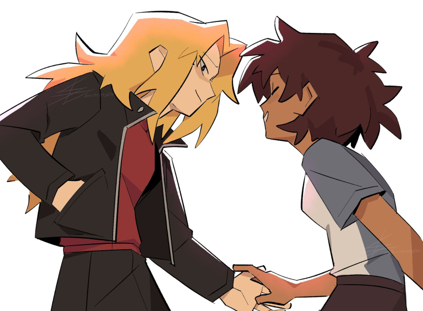 2girls, amphibia, anne_boonchuy, black_jacket, black_pants, blonde_hair, brown_hair, closed_eyes