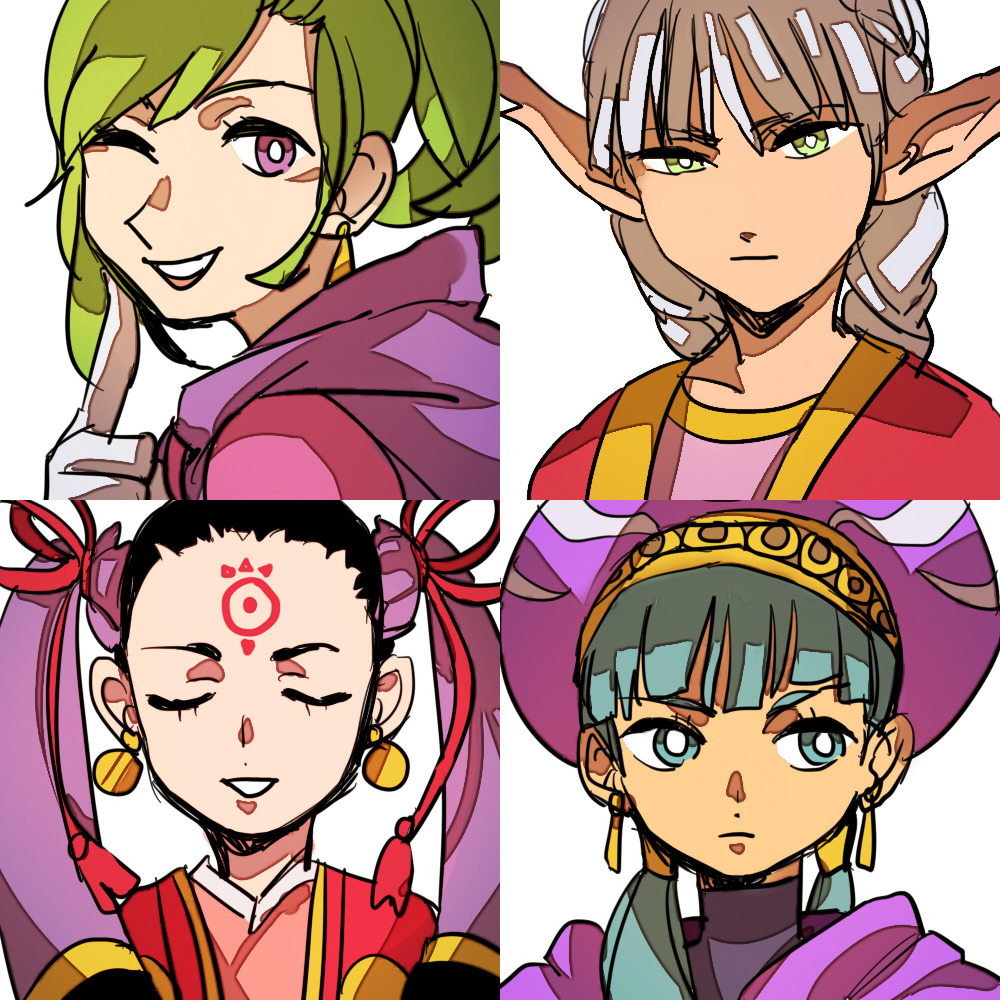 4girls, alephberg, black_hair, blue_eyes, blue_hair, closed_eyes, golden_sun, golden_sun:_dark_dawn, green_eyes, green_hair, grey_hair, hair_ribbon, himi_(golden_sun), karis_(golden_sun), multiple_girls, nowell_(golden_sun), pointy_ears, ribbon, simple_background, sveta_(golden_sun), violet_eyes