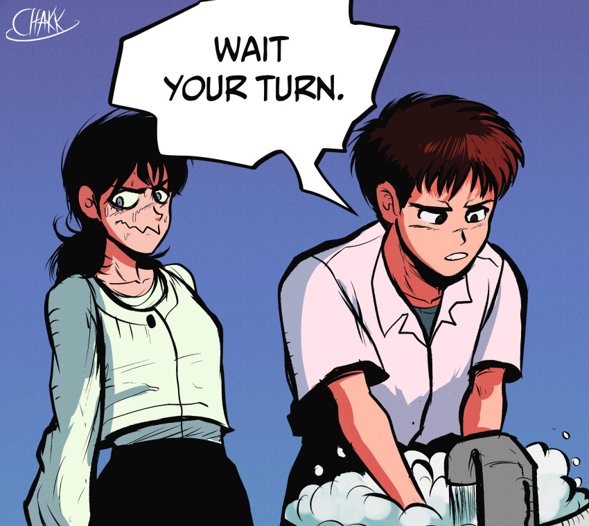 1boy, 1girl, absurdres, artist_name, black_eyes, blue_background, brown_hair, chainsaw_man