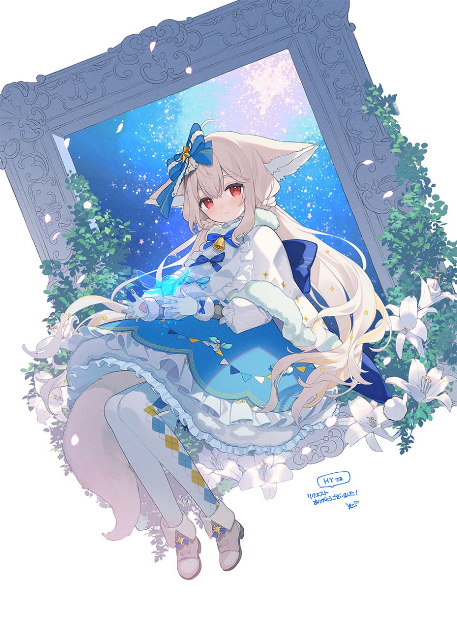 1girl, ahoge, animal_ear_fluff, animal_ears, argyle_clothes, argyle_legwear, back_bow, bell, bib, blue_bow, blue_dress, bow, bowtie, capelet, collar, commission, dress, flower, fox_ears, fox_girl, fox_tail, frilled_collar, frilled_dress, frills, full_body, fur-trimmed_capelet, fur-trimmed_dress, fur-trimmed_gloves, fur_trim, gloves, hair_between_eyes, hair_bow, hair_ornament, hair_scrunchie, high_collar, highres, invisible_chair, large_bow, large_ears, large_tail, layered_dress, legs_together, long_hair, long_sleeves, looking_at_viewer, low_twintails, on_chair, original, pantyhose, print_dress, puffy_sleeves, red_eyes, sakurada_shiro_(hy_plus), sakurada_shiro_(winter)_(hy_plus), scrunchie, sitting, skeb_commission, solo, star_ornament, striped_clothes, striped_dress, tail, thank_you, tito_(osakanakana0_0), twintails, vertical-striped_sleeves, very_long_hair, white_background, white_capelet, white_footwear, white_gloves, white_hair, white_pantyhose, white_sleeves, winter_clothes