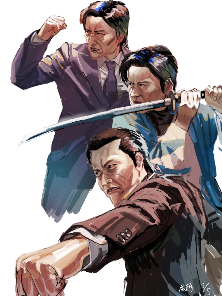 3boys, black_hair, black_necktie, black_suit, character_request, clenched_hand, dated, fighting_stance