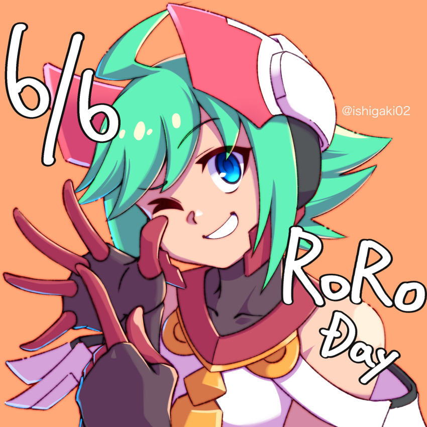 1girl, azure_striker_gunvolt, azure_striker_gunvolt_2, bare_shoulders, blue_eyes, closed_mouth, commentary, covered_collarbone, dated, finger_counting, green_hair, headgear, highres, ishigaki_(sora_roxas), one_eye_closed, orange_background, parted_lips, roro_(gunvolt), short_hair, smile, solo, teeth, twitter_username