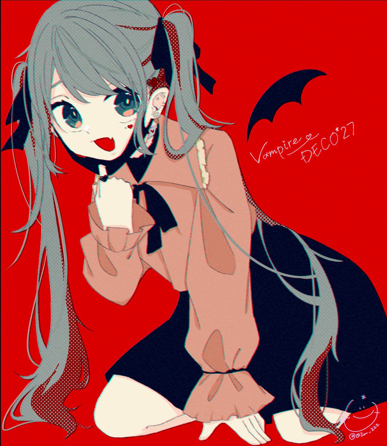 1girl, bandaid, bandaid_on_neck, blue_eyes, blue_hair, ear_piercing, fang, hatsune_miku