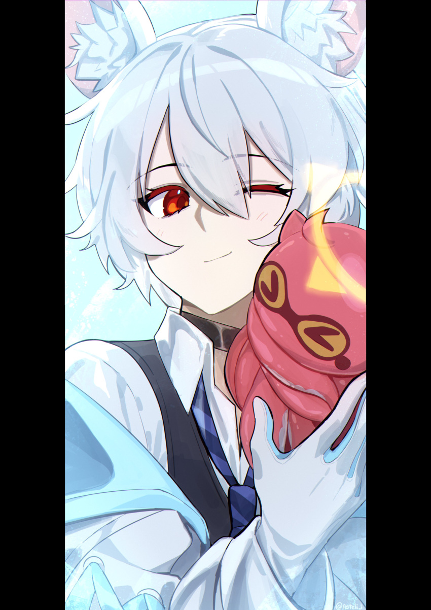 1boy, absurdres, animal_ears, asteli_i, black_border, black_vest, border, collared_shirt
