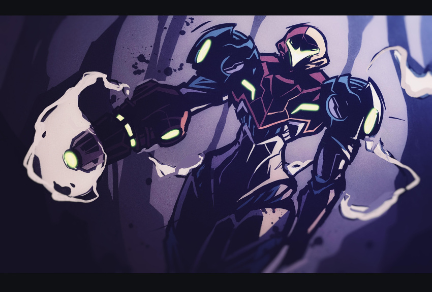 1girl, absurdres, arm_cannon, armor, commentary, dutch_angle, helmet, highres, hoodedmask, letterboxed, metroid, metroid_dread, power_armor, power_suit_(metroid), samus_aran, smoke, solo, weapon