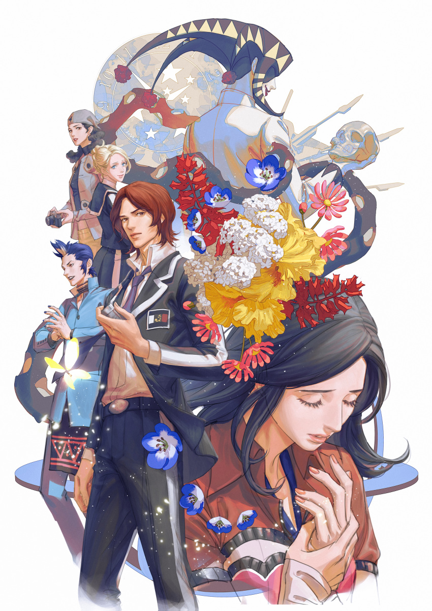 3boys, 3girls, absurdres, amano_maya, beanie, black_hair, black_lips, black_nails