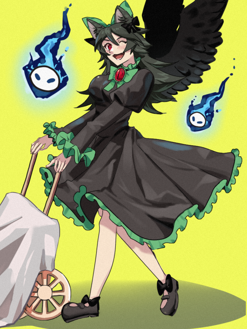 1girl, animal_ears, bird_wings, black_bow, black_footwear, black_hair, black_wings, blush