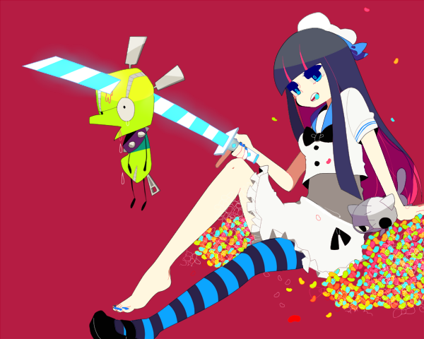 barefoot, chuck_(psg), dress, feet, green_eyes, long_hair, multicolored_hair, panty_&amp;_stocking_with_garterbelt, ppo-p, single_shoe, stocking_(character), stocking_(psg), thighhighs