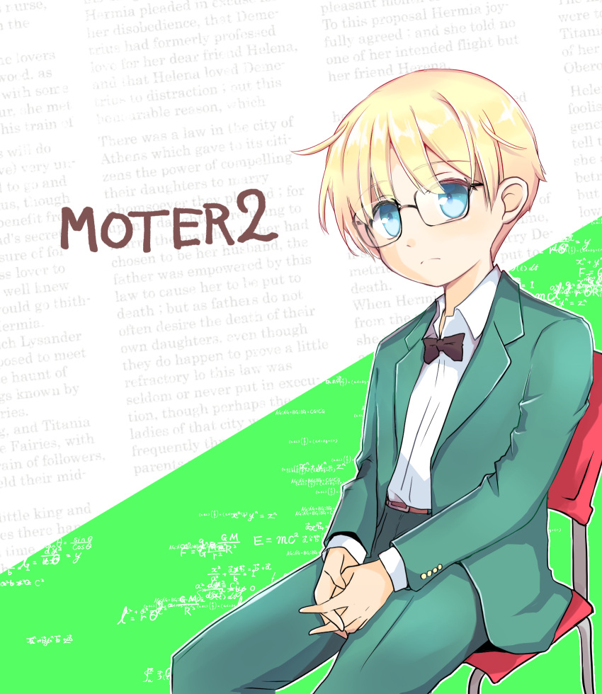 black_bow, blonde_hair, blue_eyes, bow, bowtie, chair, copyright_name, english_text