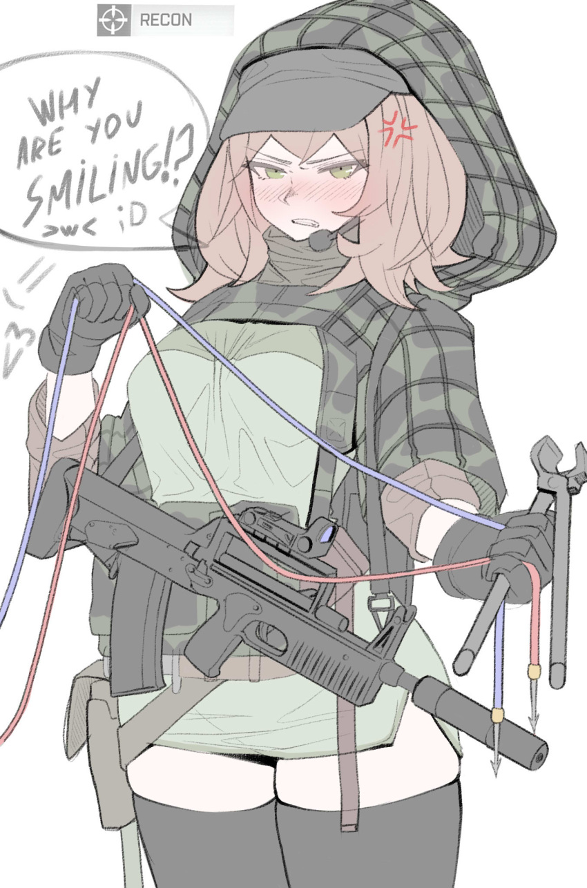 1girl, a-91, anger_vein, angry, assault_rifle, bipod, black_gloves, black_hat