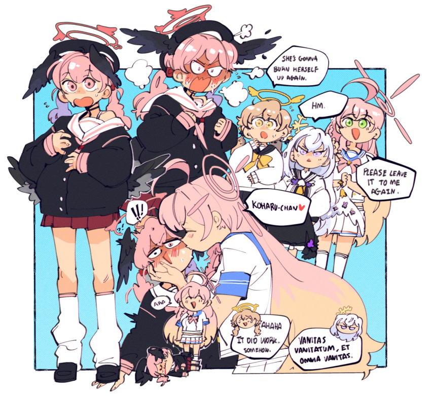!, !!, 4girls, ahoge, azusa_(blue_archive), black_footwear, black_hat, black_shirt