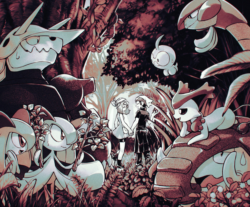 absurdres, aggron, bandana, brendan_(pokemon), castform, couple, delcatty, donphan, dress, forest, funabara_(sksn_herb), grass, hetero, hiding, highres, kirlia, limited_palette, may_(pokemon), nature, outdoors, pokemon, pokemon_(creature), pokemon_adventures, shorts, tropius