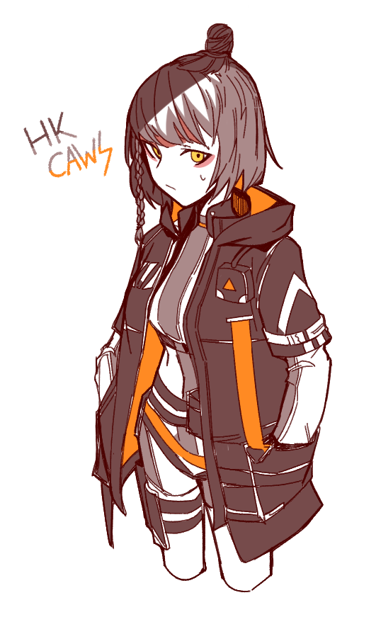 1girl, bare_legs, black_hair, black_jacket, caws_(girls'_frontline), closed_mouth, dogs_(dlrkdejr26), eyeshadow