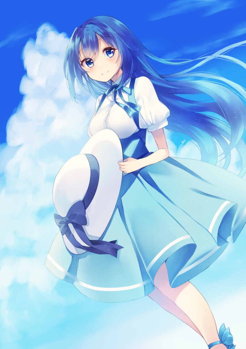 1girl, blue_dress, blue_eyes, blue_ribbon, blue_sky, bow, breasts, clouds