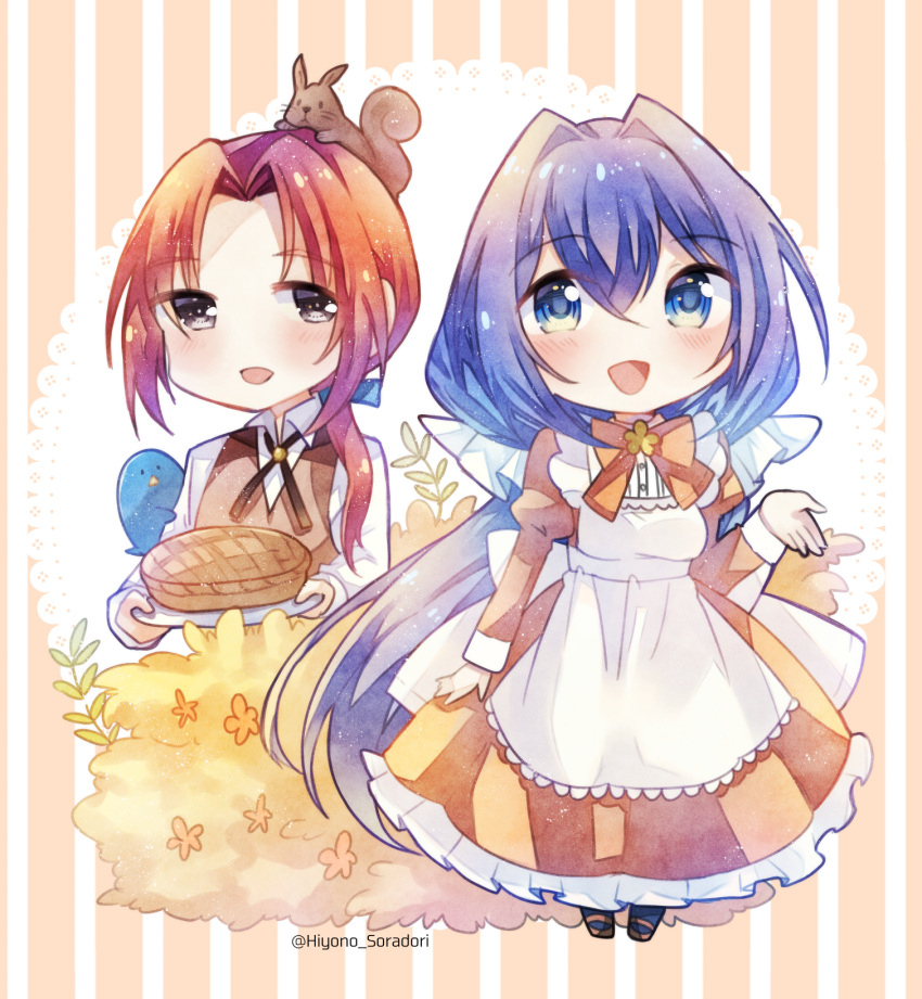 1boy, 1girl, :o, animal_on_head, apron, artist_name, bird, blue_hair